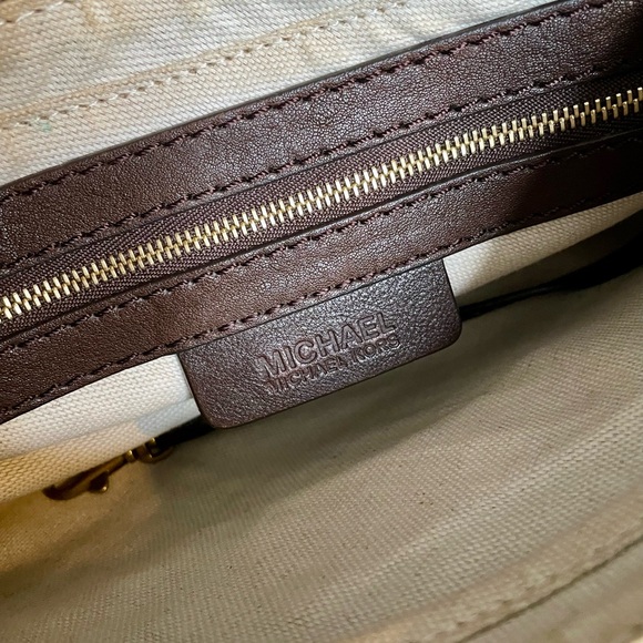 Michael Kors Studded Brown Signature Baguette Shoulder Bag with Woven Handles - Picture 15 of 15